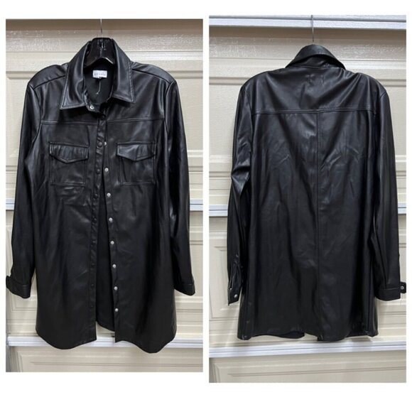 Kit & Sky Faux-Leather Shacket Mini Dress Large in Black - Picture 2 of 11